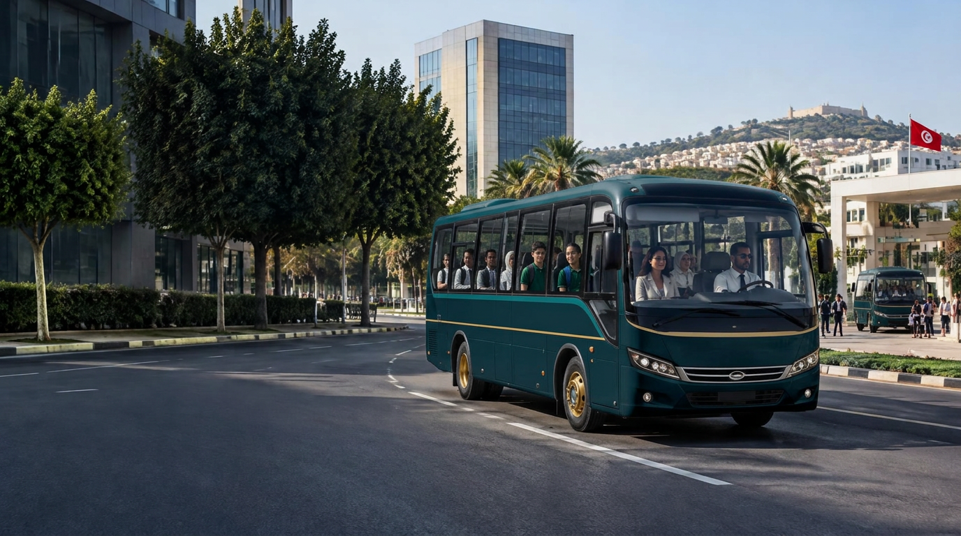Navette moderne transportant du personnel dans un quartier d'affaires tunisien